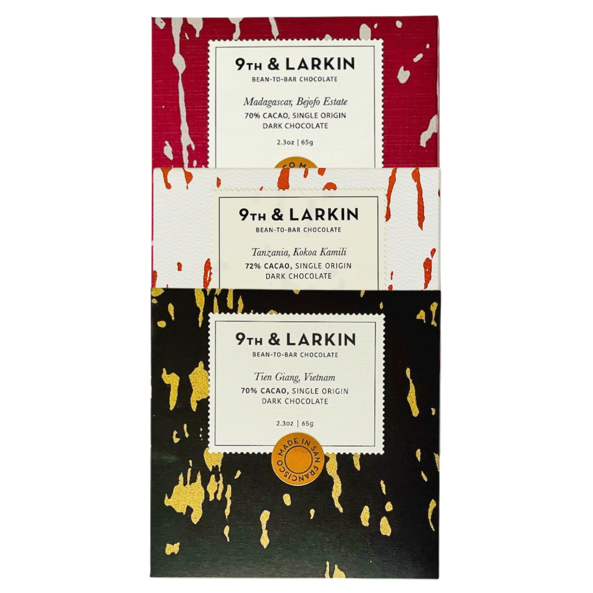 Three different single-origin chocolate barks from 9th & Larkin
