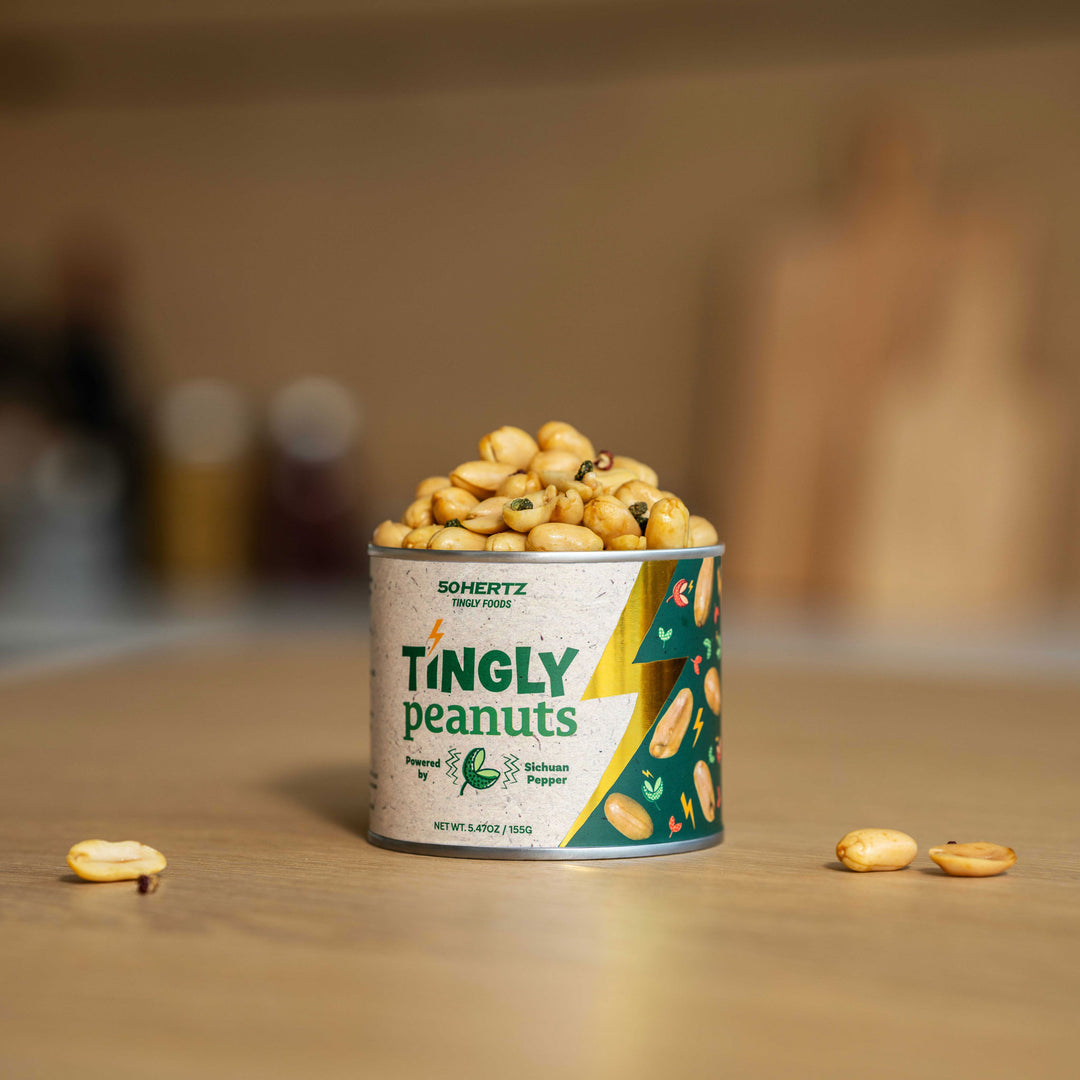 Open tin of 50 Hertz Tingly Peanuts with Sichuan pepper
