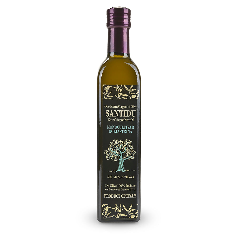 Bottle of 2022 harvest Santidu, Sardinian extra virgin olive oil