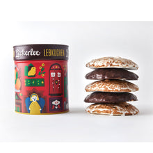 Leckerlee lebkuchen gift tin in the advent calendar design with lebkuchen cookies outside the tin
