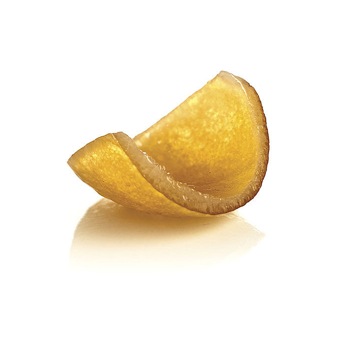 Candied lemon peel quarter on a white background