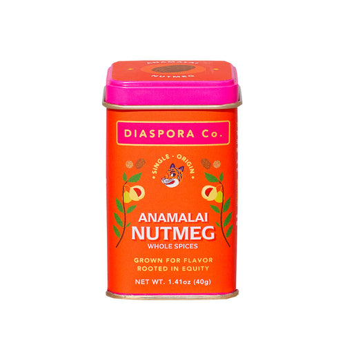 Orange and pink tin of Diaspora Co. Analamai Nutmeg