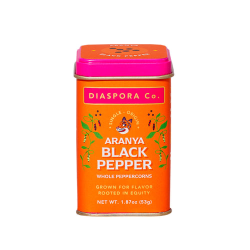 Regular-sized, everyday tin of Diaspora Aranya Blacl Pepper