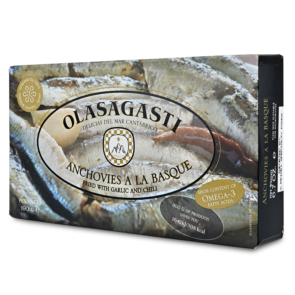 Box of Olasagasti anchovies a la Basque with fish image on packaging
