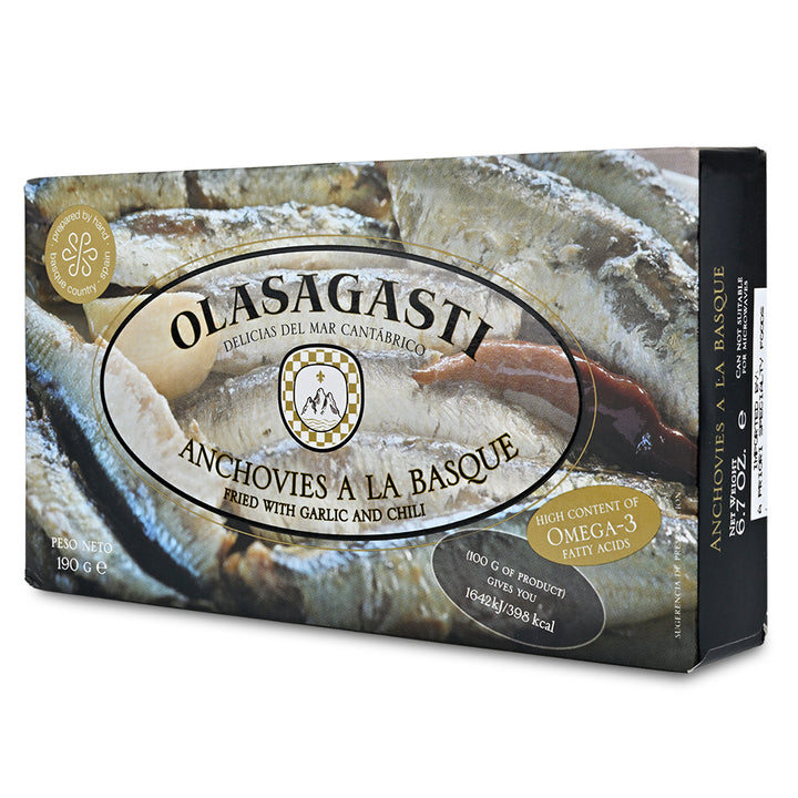 Box of Olasagasti anchovies a la Basque with fish image on packaging