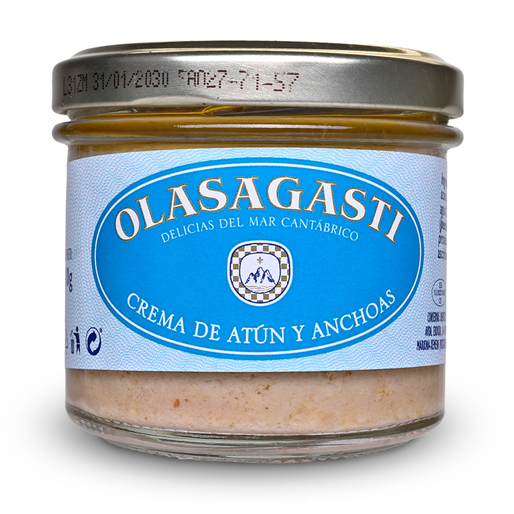 Jar of Olasagasti tuna and anchovy cream with a blue label on a white background