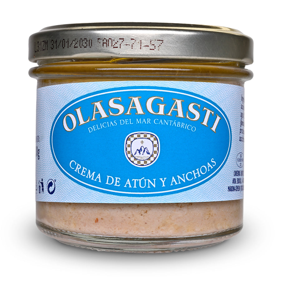 Jar of Olasagasti tuna and anchovy cream with a blue label on a white background