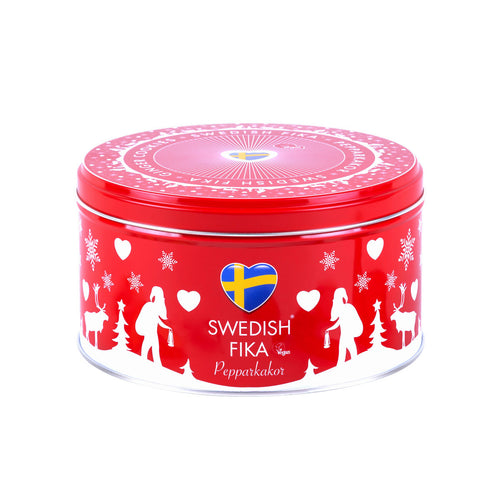 Swedish Fika Pepparkakor red gift tin decorated with white hearts, santa, reindeer and Christmas trees