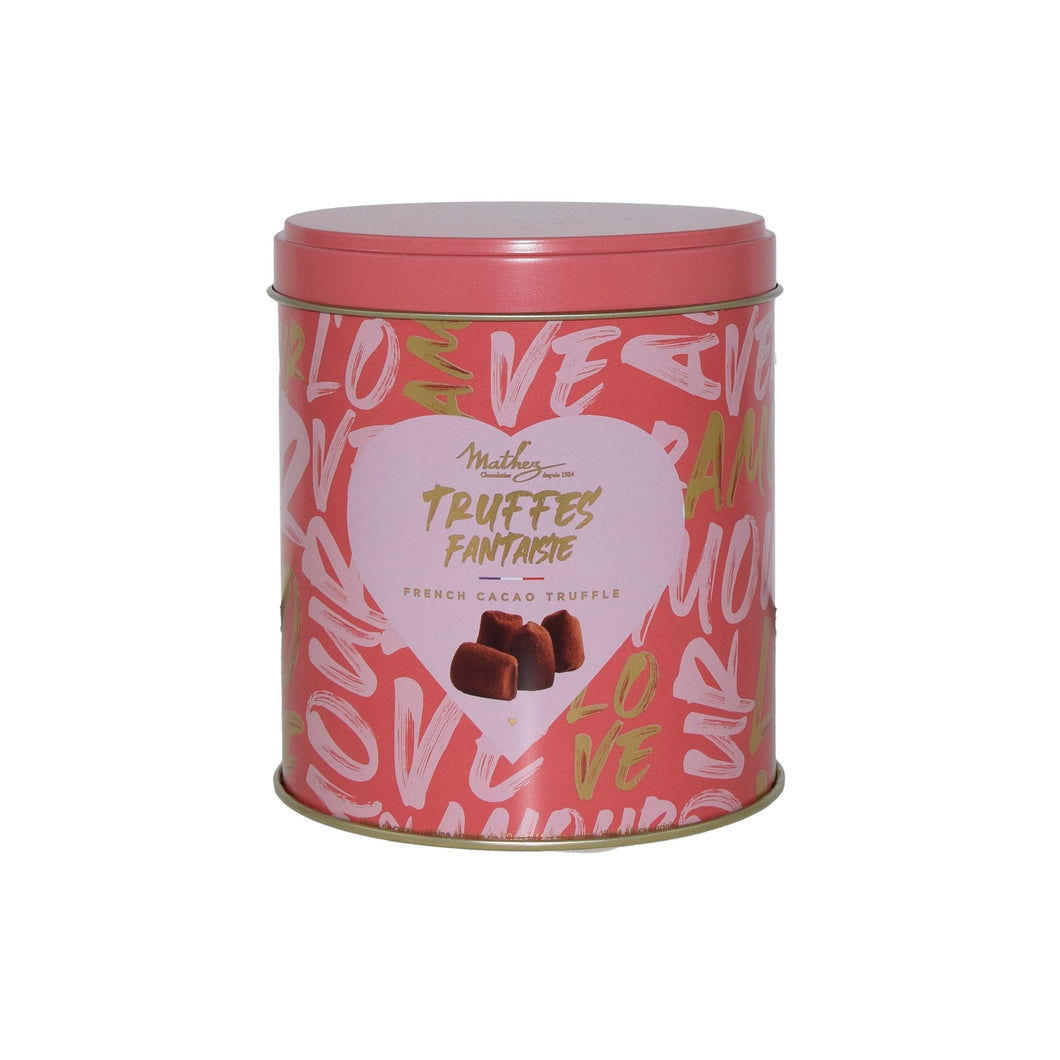 Pink Valentine's Day tin of Mathez French chocolate truffles
