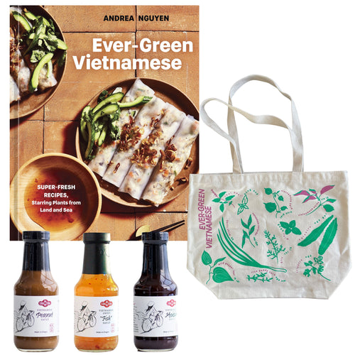 Ever-Green Vietnamese cookbook, tote bag, and Tan Tan sauces against a white background