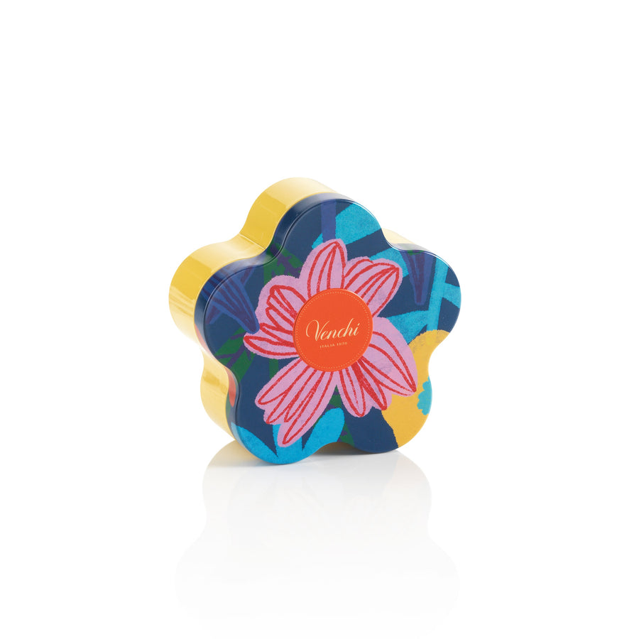 Colorful flower-shaped object with a brand logo on a white background