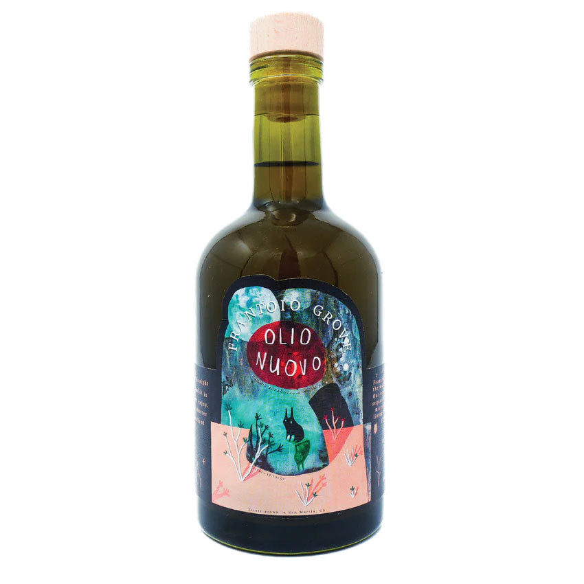 Bottle of Frantoio Grove 2023 olio nuovo featuring artwork from KAZLAND