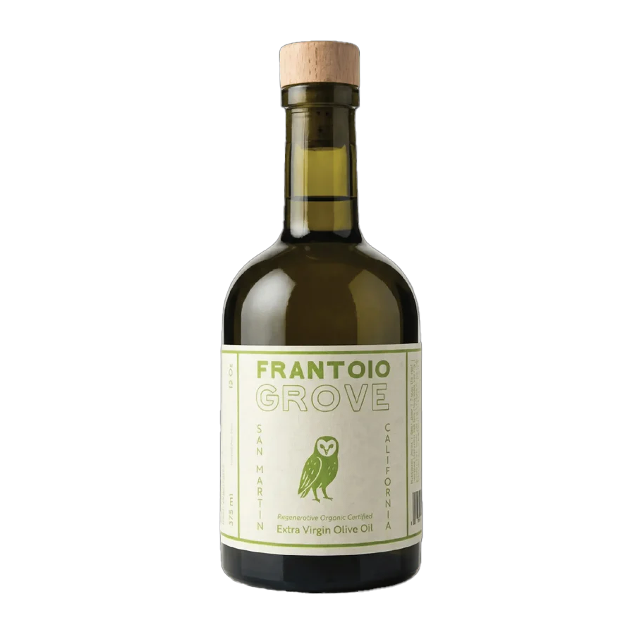 Bottle of Frantoio Grove olive oil on a white background