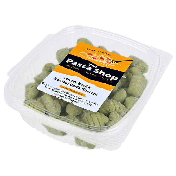 The Pasta Shop Lemon, Basil & Roasted Garlic Fresh Gnocchi in plastic pacakging
