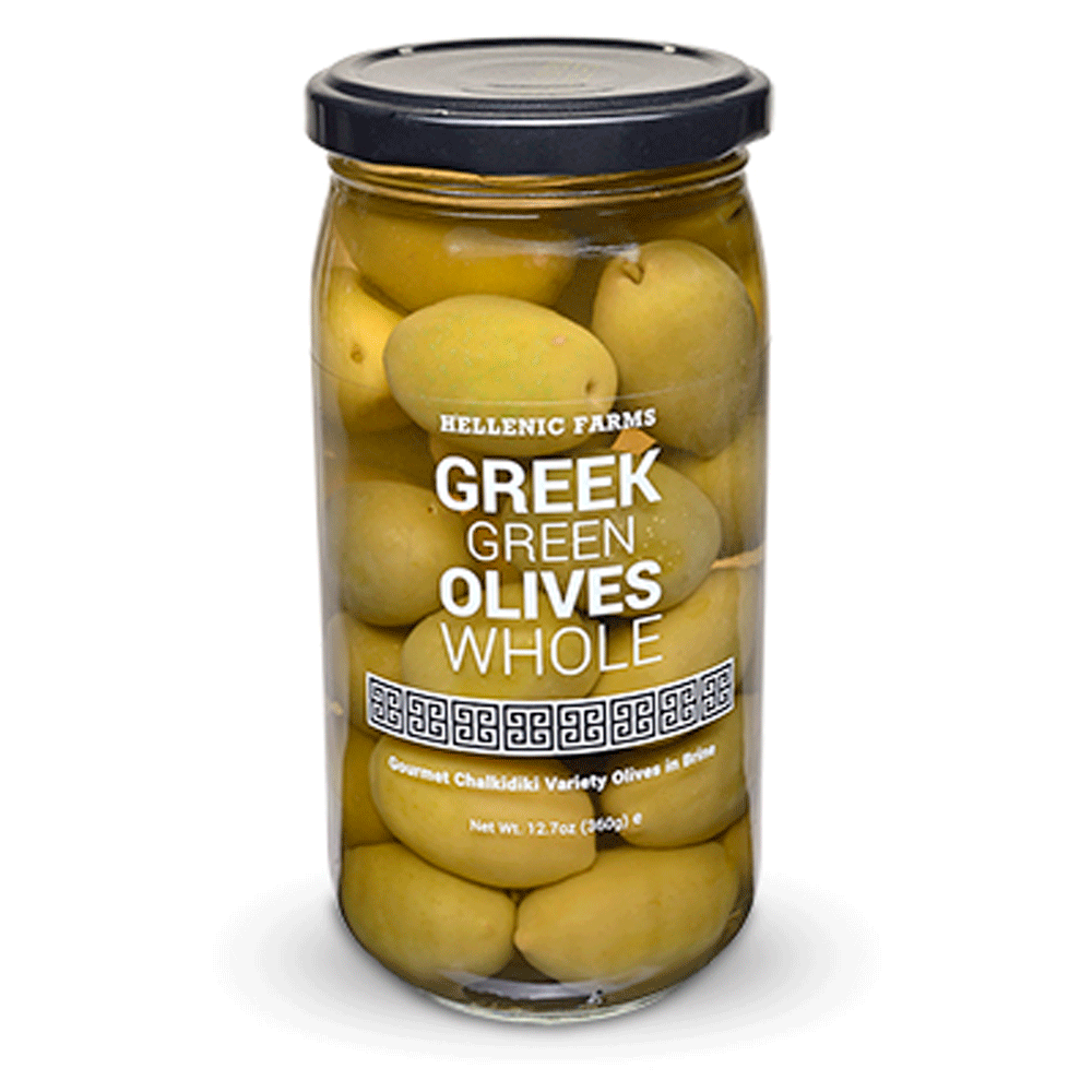Jar of Hellenic Farms whole Greek green olives