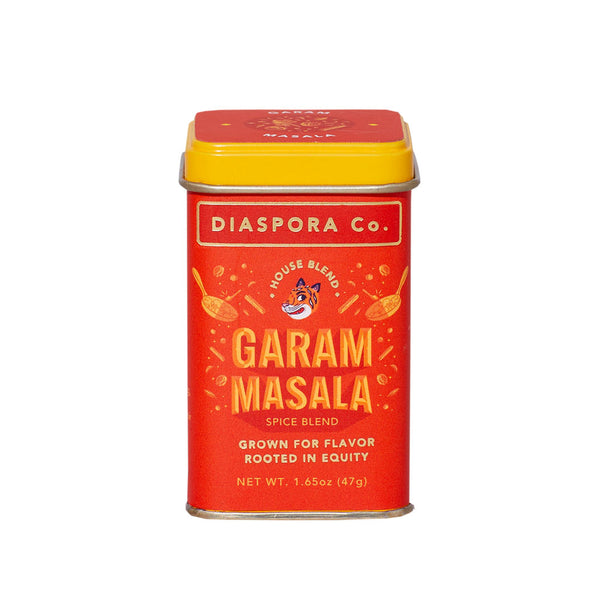 Orange tin of Diaspora Co. Garam Masala spice blend