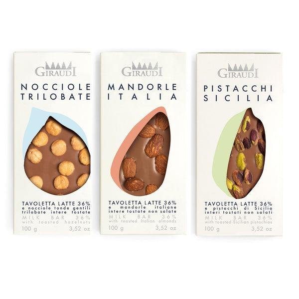 Trio of Giraudi milk chocolate bars with nuts