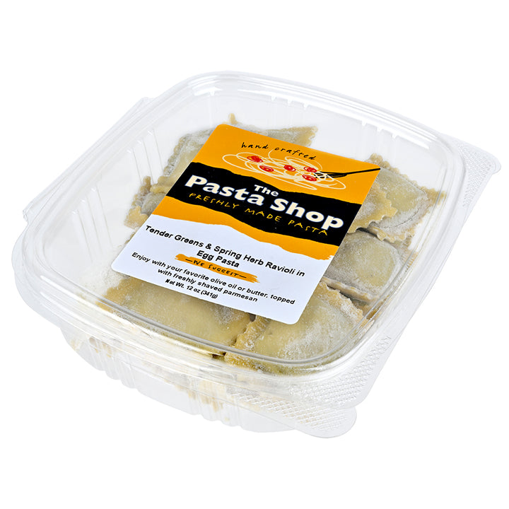 The Pasta Shop Tender Greens & Spring Herb Ravioli in plastic packaging