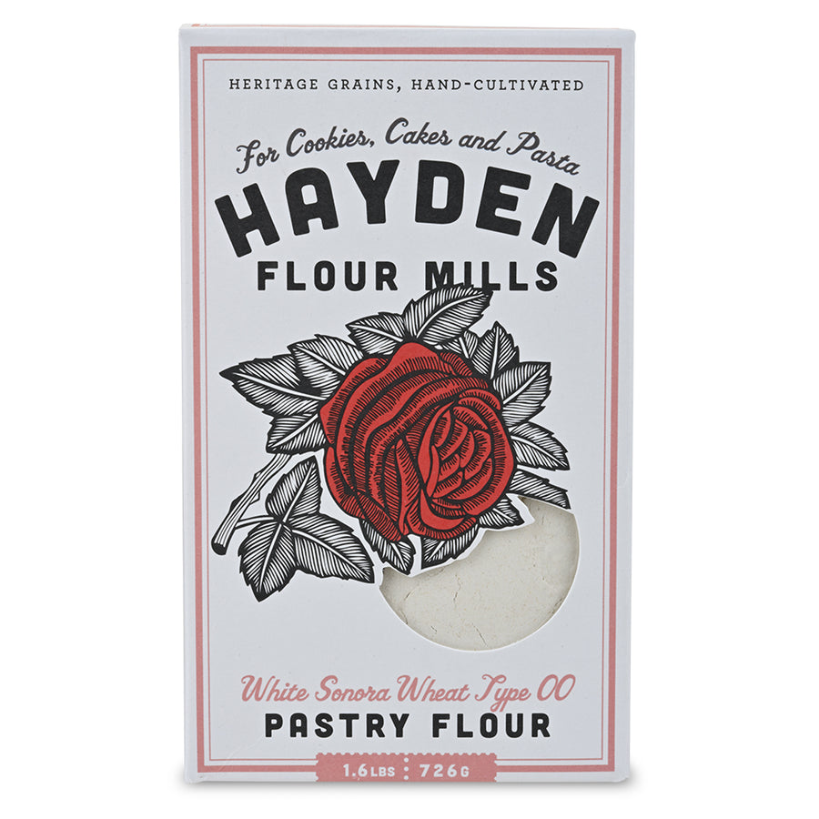 Hayden Flour Mills pastry flour packaging with a red rose design on a white background