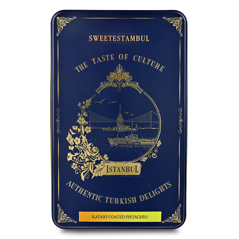 Closed navy blue tin of Sweetestambul Kataifi Coated Pistachio Turkish Delights