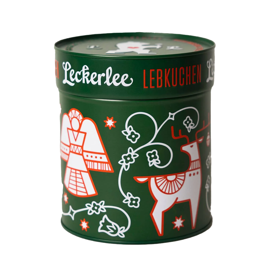 Green tin canister with festive designs and 'Leckerlee Lebkuchen' text on a white background