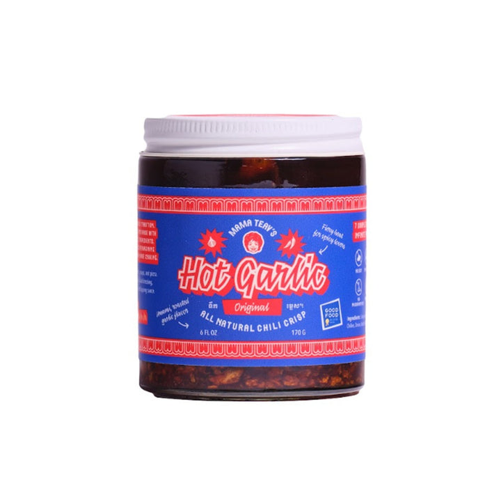 A jar of Hot Garlic Original, featuring a blue and red label with a white lid, set against a plain white background.