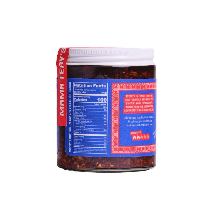 A jar of Mama Teavs on a solid white background, showing the front label, side nutrition facts, and red seal.