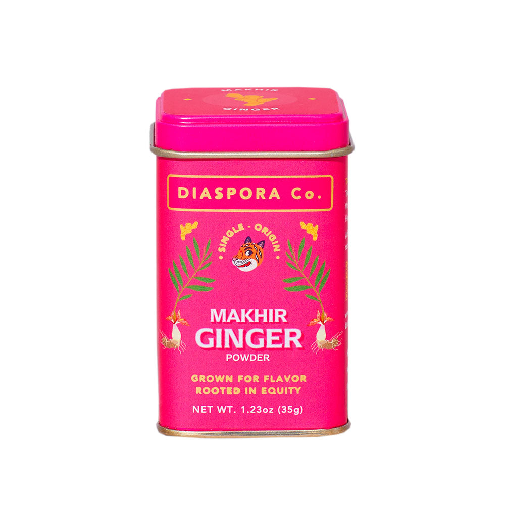 Pink tin of Diaspora Co. Makhir ginger powder