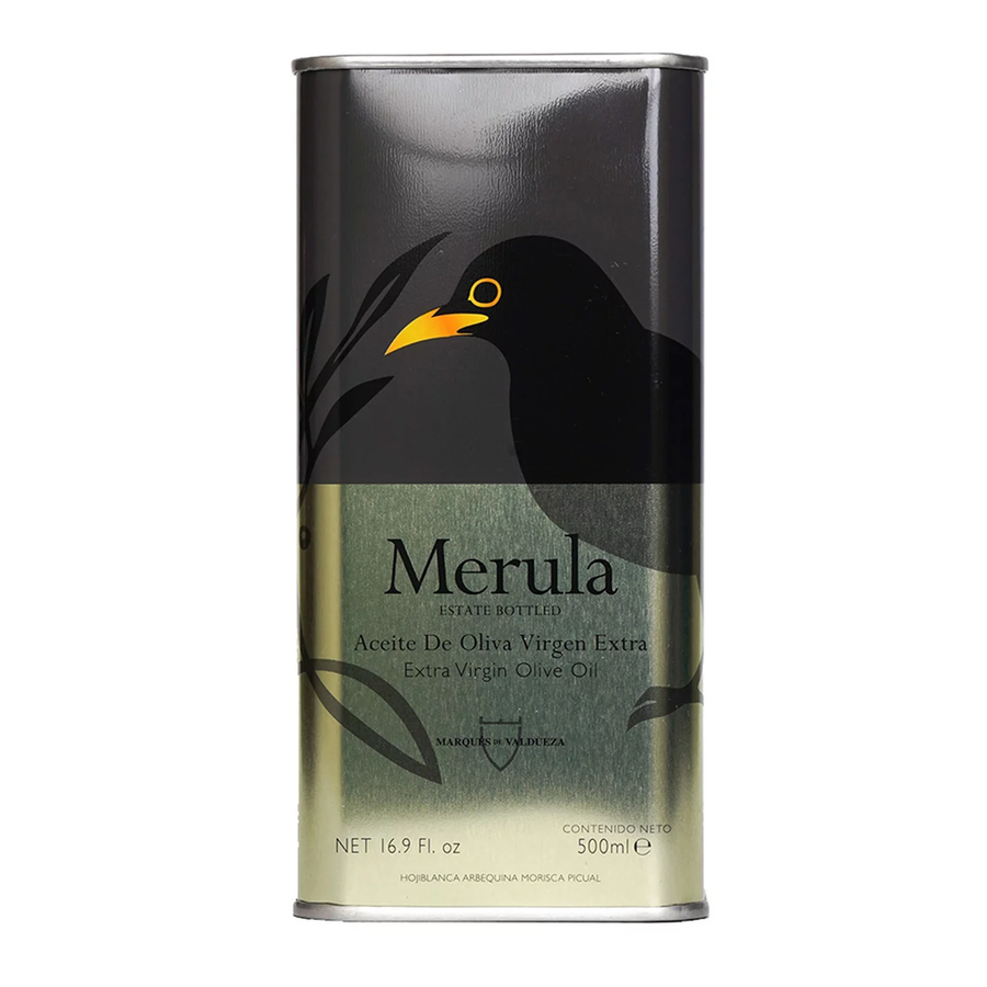 Can of Merula olive oil with a bird design on a white background
