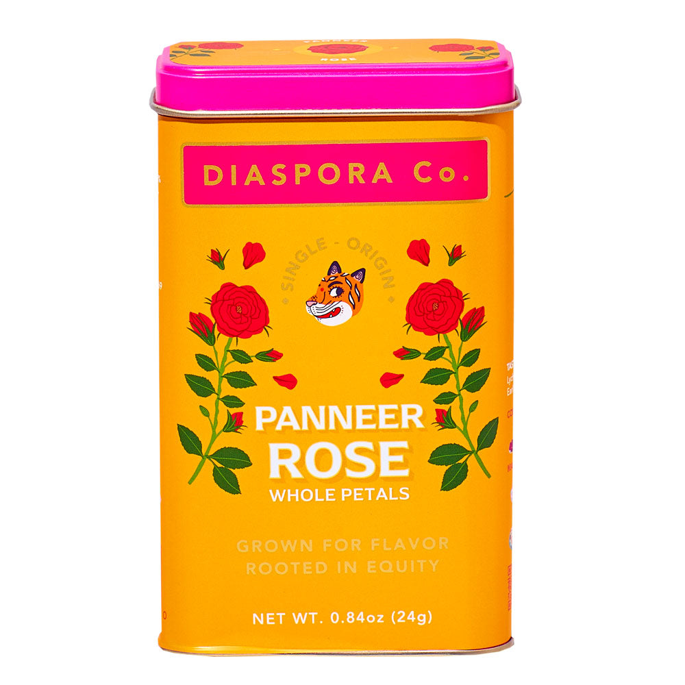 Yellow and pink tin of Diaspora Co. Panneer Rose petals