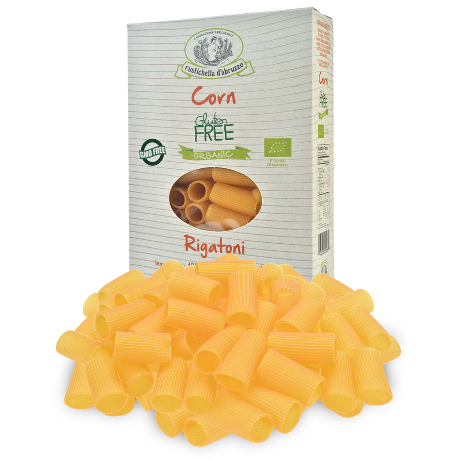 Box of gluten-free organic corn rigatoni pasta on a white background