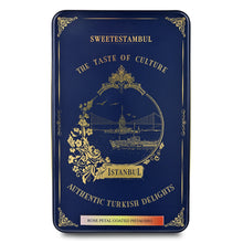 Closed navy blue tin of Sweetestambul Rose Petal Coated Pistachio Turkish Delights