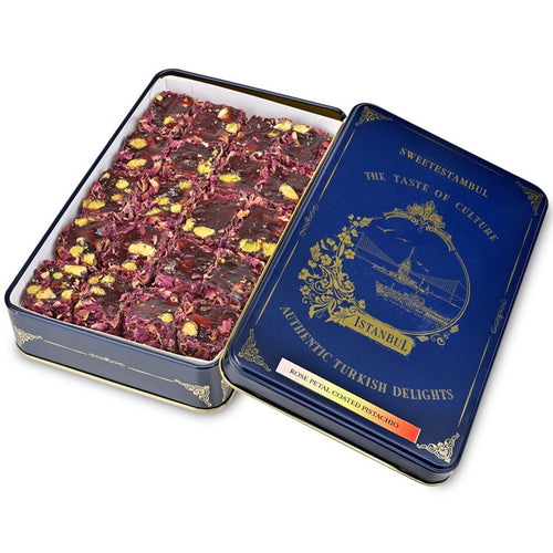 Open tin of Sweetestambul Rose Petal Coated Pistachio Turkish Delights