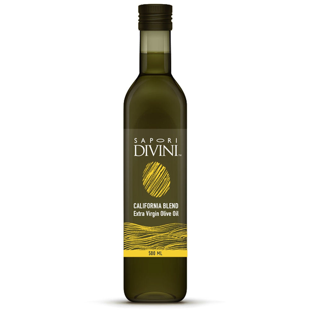 Bottle of Sapori Divini California Blend Extra Virgin Olive Oil on a white background