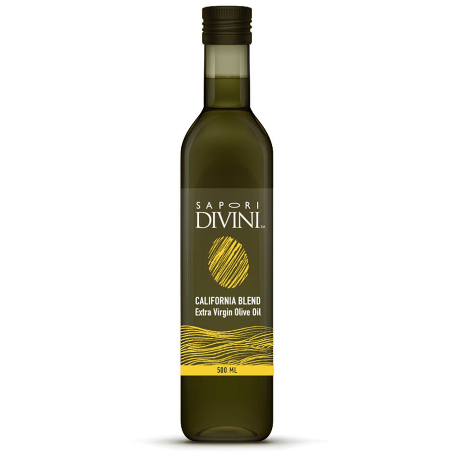 Bottle of Sapori Divini California Blend Extra Virgin Olive Oil on a white background