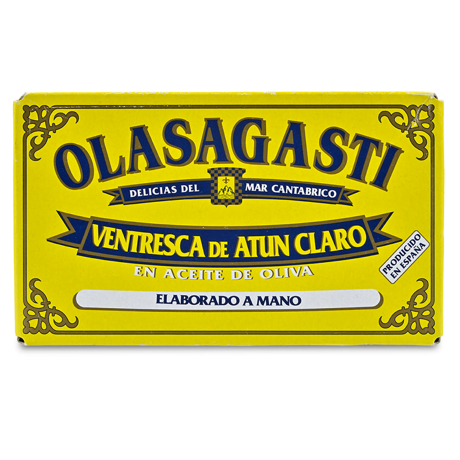 Yellow packaging of Olasagasti tuna belly on a white background