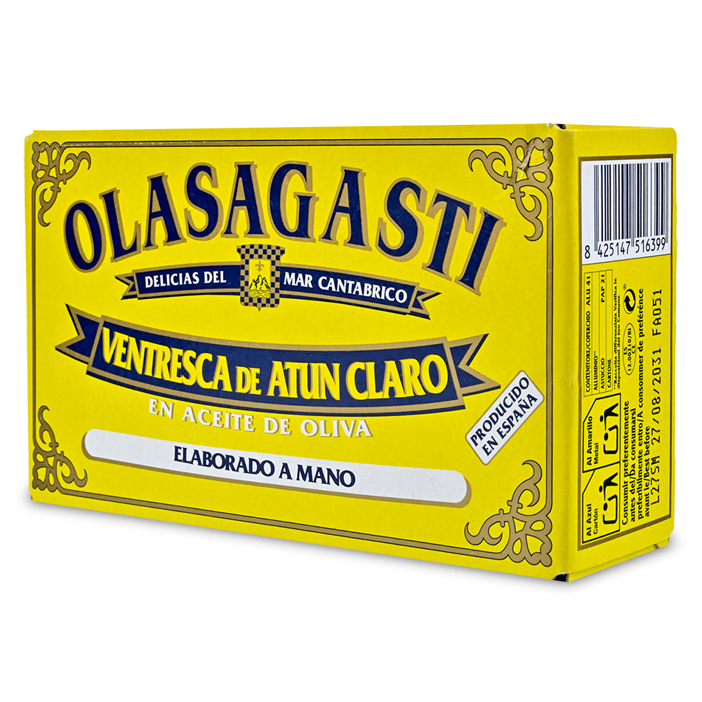 Yellow packaging of Olasagasti tuna with blue text on a white background