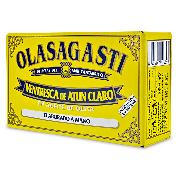 Yellow packaging of Olasagasti tuna with blue text on a white background