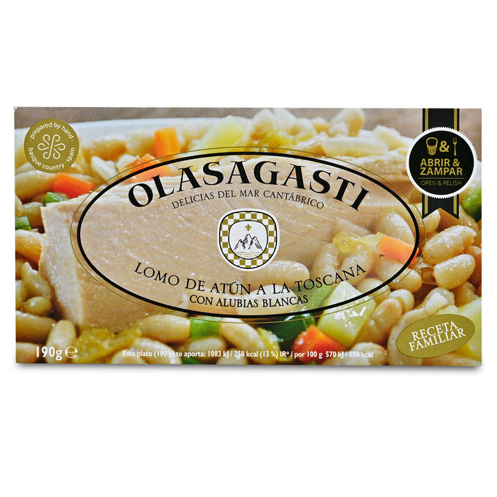 Olasagasti tuna dish packaging with text and images of food on a white background