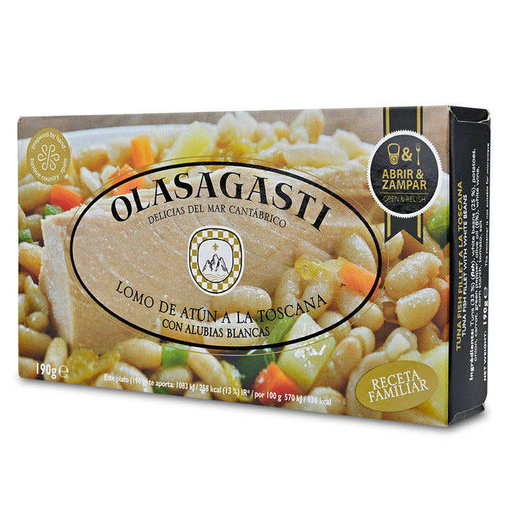 Olasagasti tuna dish packaging with pasta and vegetables on a white background