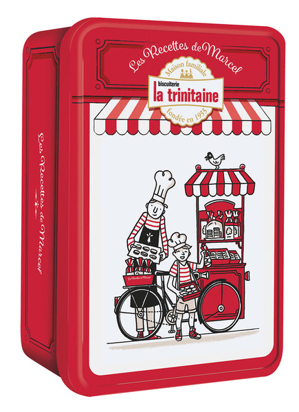 La Trinitaine Assorted French Butter Cookie Gift Tin decorated with a father and son selling cookies from their cookie stand