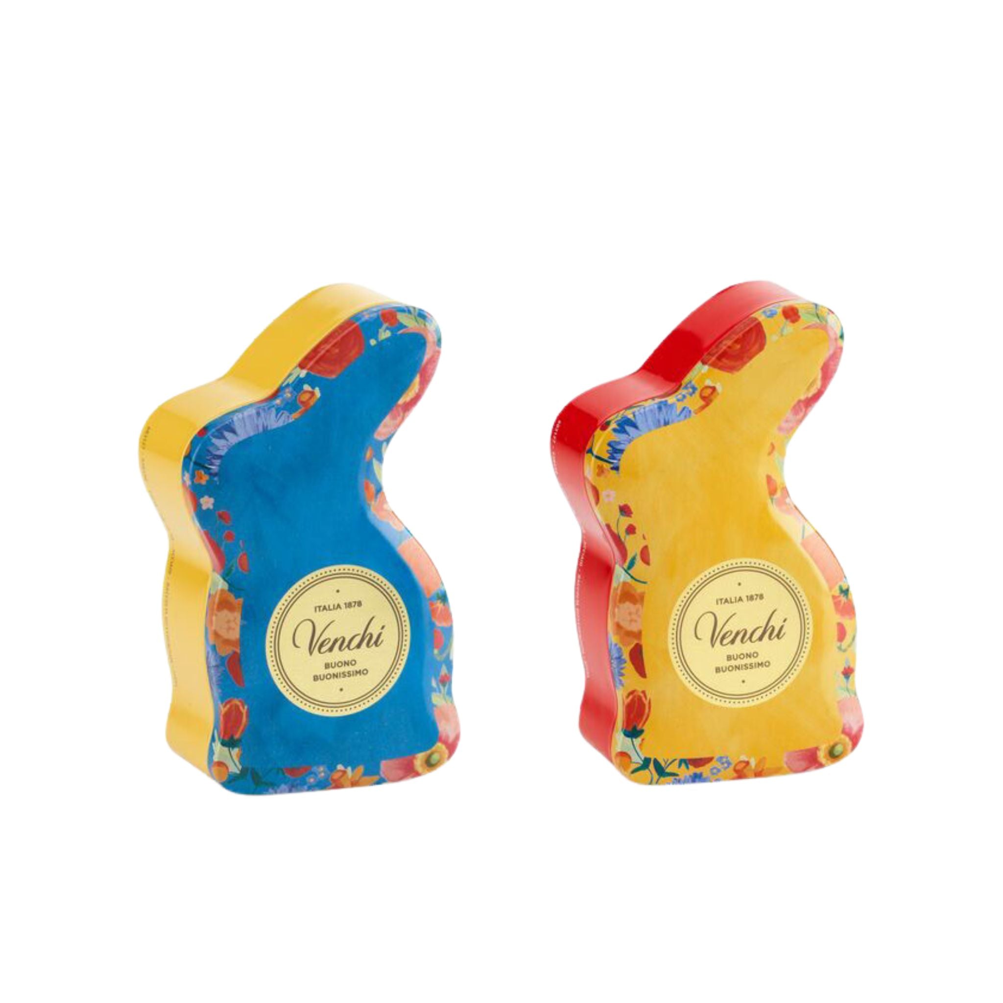 One blue and one yellow Venchi bunny-shaped chocolate gift tin