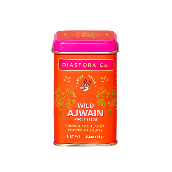 Orange and pink tin of Diaspora Co. Wild Ajwain