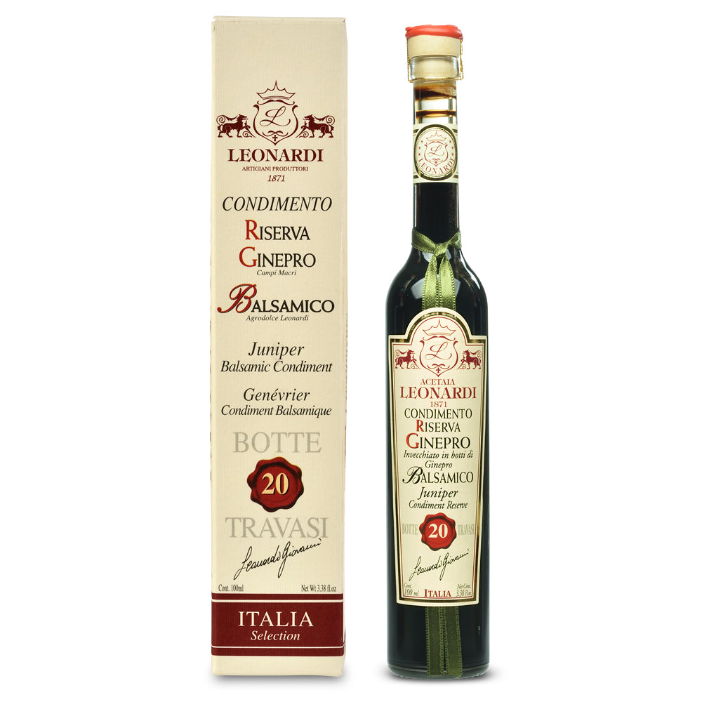 Balsamic condiment bottle with packaging featuring the Leonardi brand on a white background