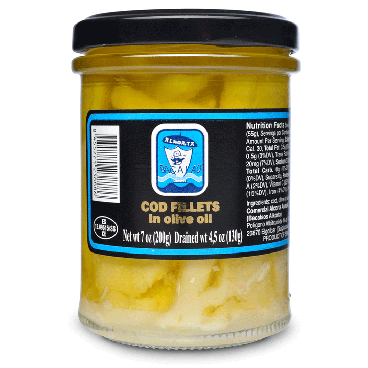 Jar of cod fillets in olive oil