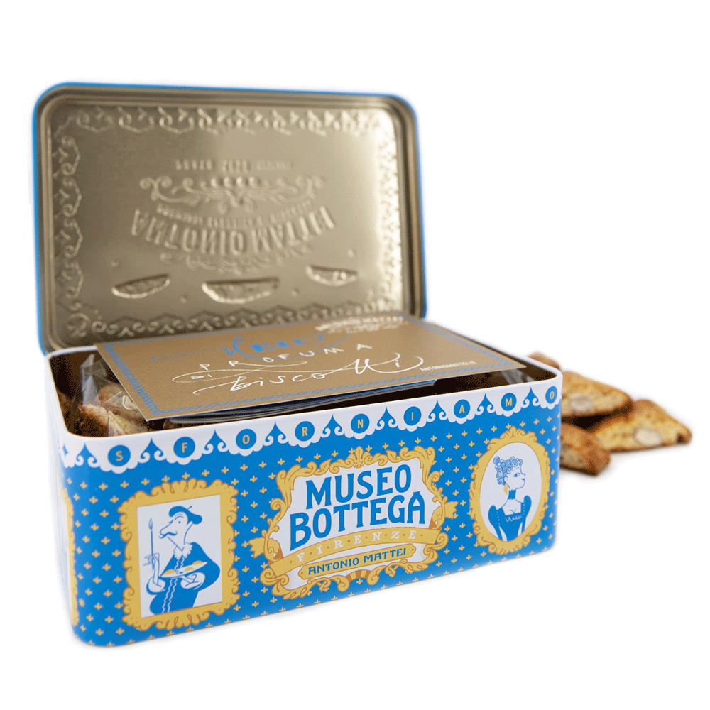 Antonio Mattei blue biscotti gift tin open