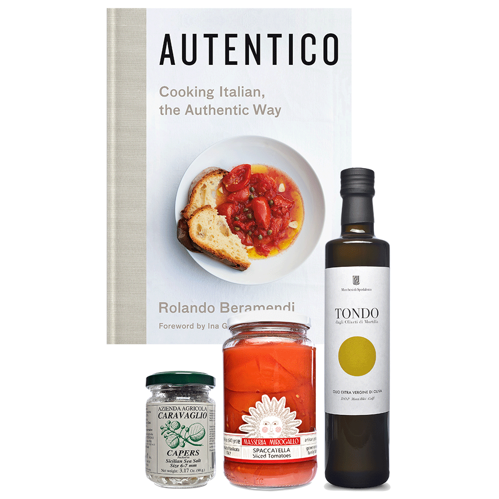 Autentico: Cooking Italian, the Authentic Way Gift Set with cookbook, olive oil, tomatoes and capers