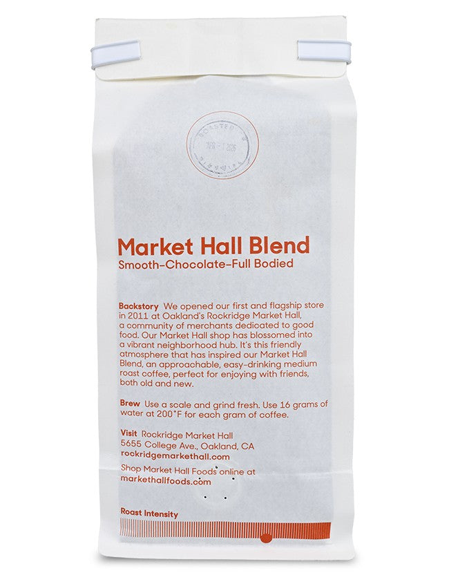 Coffee package labeled 'Market Hall Blend' with text on a white background