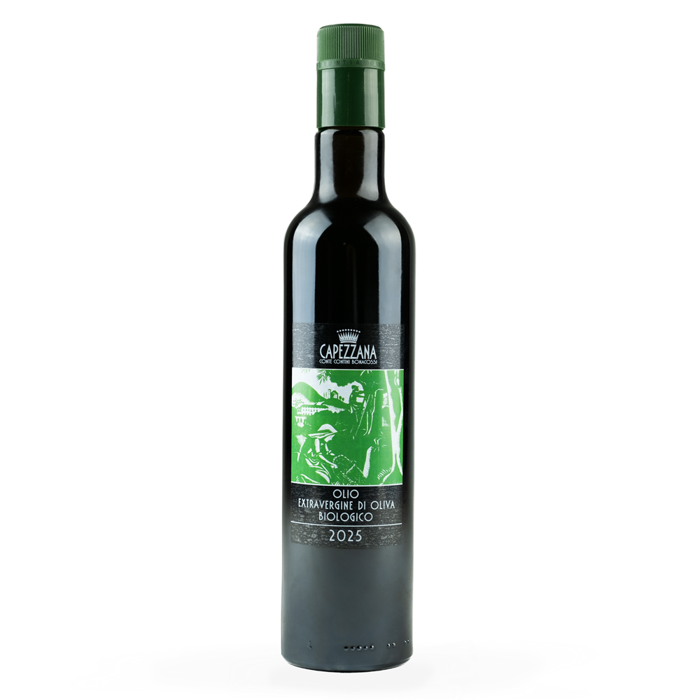 Bottle of Cappezzana olive oil on a white background