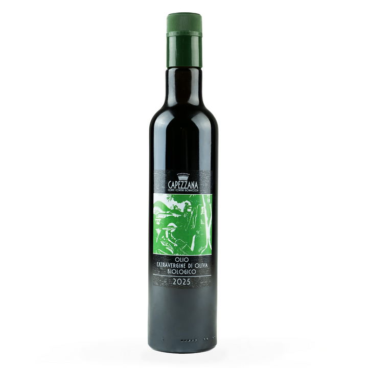Bottle of Cappezzana olive oil on a white background
